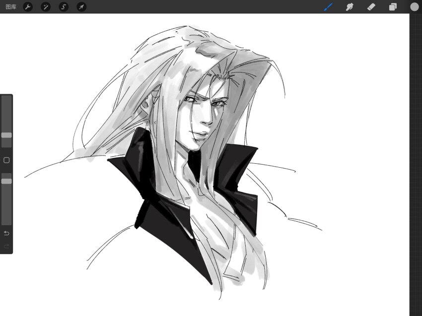1boy armor art_program_in_frame black_jacket closed_mouth final_fantasy final_fantasy_vii grey_hair greyscale hair_between_eyes highres jacket long_bangs long_hair male_focus monochrome parted_bangs pauldrons portrait sephiroth shoulder_armor sketch slit_pupils solo upper_body white_background xiojio293506