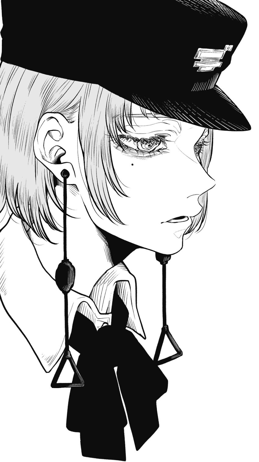 1girl chainsaw_man earrings fami_(chainsaw_man) greyscale haru_rice hat highres jewelry looking_to_the_side military_hat mole mole_under_eye monochrome open_mouth ringed_eyes short_hair simple_background solo tassel tassel_earrings white_background