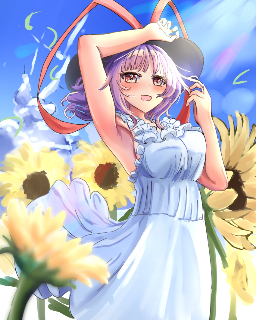 1girl alternate_costume bissya314 black_hat blue_sky bow breasts commentary_request dress flower hat hat_bow highres light_rays looking_at_viewer nagae_iku outdoors purple_hair red_bow red_eyes short_hair sky sleeveless sleeveless_dress solo sundress sunflower touhou white_dress yellow_flower