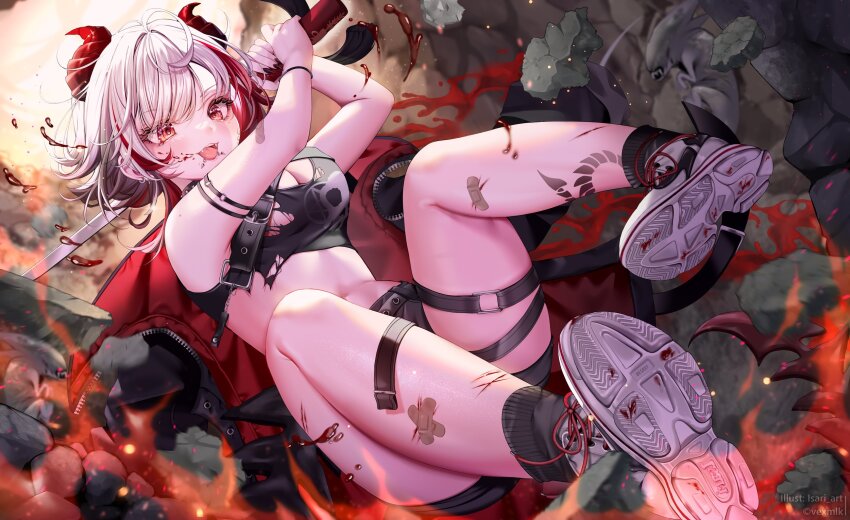 1girl ahoge artist_name bandaid bandaid_on_arm bandaid_on_leg black_shirt black_shorts black_socks blood blood_on_face breasts cleavage commission earrings fangs highres holding holding_sword holding_weapon indie_virtual_youtuber isari_sensei jacket jewelry leg_tattoo multicolored_hair o-ring_arm_strap open_clothes open_jacket open_mouth red_eyes red_hair shirt shoes shorts sneakers socks streaked_hair sword tattoo thigh_strap torn_clothes torn_shirt twitter_username vexmlk virtual_youtuber weapon white_hair white_shoes zipper