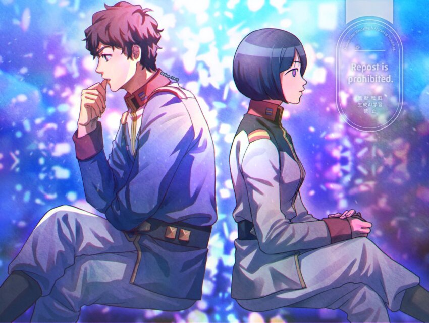 1boy 1girl amuro_ray back-to-back black_hair blue_eyes bob_cut breasts brown_hair closed_mouth commentary_request earth_federation earth_federation_space_forces gundam gundam_gquuuuuux jacket long_sleeves military military_uniform mobile_suit_gundam open_mouth shiiko_sugai short_hair sitting tsurumura_ichiru watermark