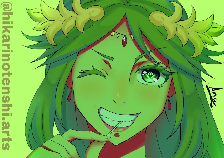 1girl artist_name colored_eyelashes colored_skin commentary dandadan earrings english_commentary forehead_jewel green_background green_eyes green_hair green_skin grin highres hikarinotenshi.arts holding instagram_username jewelry kid_icarus kid_icarus_uprising laurel_crown lips middle_part nintendo one_eye_closed palutena pink_lips portrait signature smile solo symbol-shaped_pupils teardrop_earrings thick_eyelashes