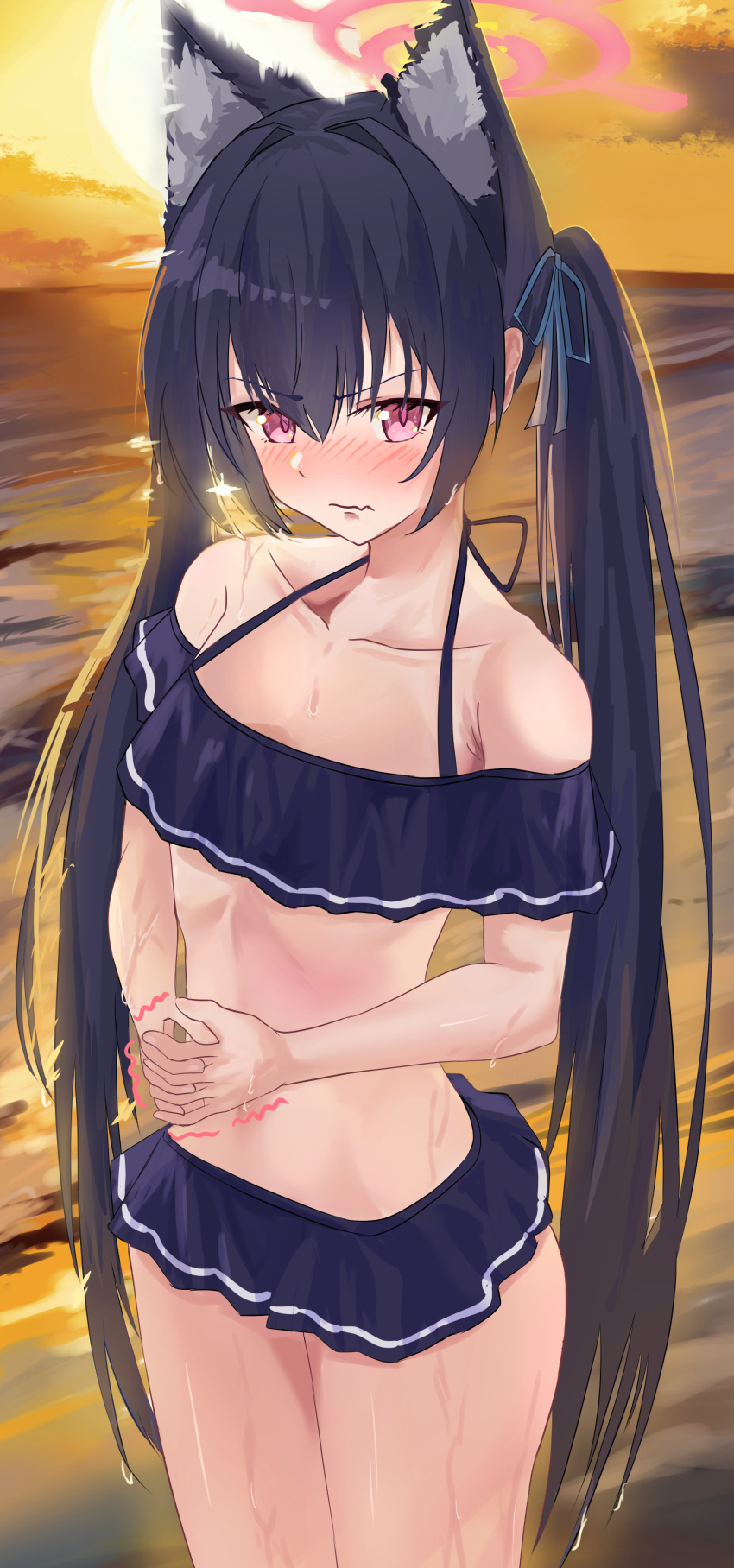1girl absurdres animal_ear_fluff animal_ears backlighting bare_shoulders bikini black_bikini black_hair blue_archive blue_ribbon blush cat_ears cat_girl closed_mouth collarbone commentary cowboy_shot embarrassed extra_ears eyelashes fang frilled_bikini frills fujiwara_haru_(nekonote) hair_between_eyes hair_intakes hair_ribbon halo halterneck highres interlocked_fingers long_hair nose_blush ocean off-shoulder_bikini off_shoulder official_alternate_costume orange_sky outdoors own_hands_together pink_eyes pink_halo pink_pupils ribbon serika_(blue_archive) serika_(swimsuit)_(blue_archive) sidelocks skin_fang sky slit_pupils stomach straight_hair sun sunset swimsuit trembling tsurime twintails v-shaped_eyebrows very_long_hair wet