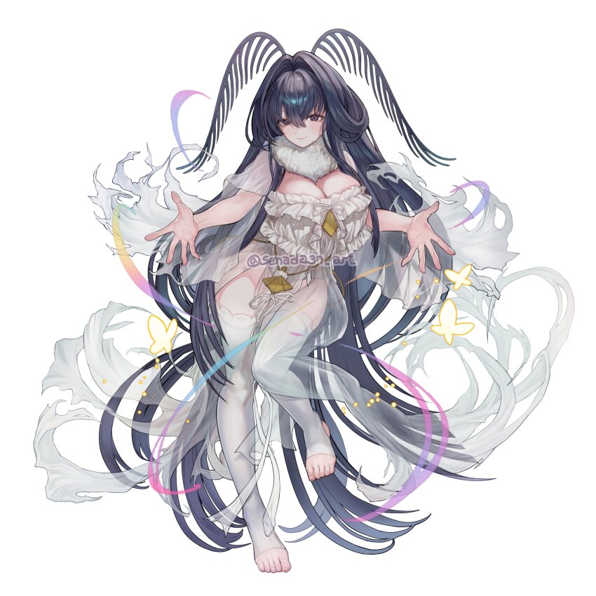 1girl absurdres black_eyes black_hair breasts character_request closed_mouth dress duel_monster full_body highres large_breasts long_hair senada37 simple_background solo twitter_username very_long_hair white_background white_dress yu-gi-oh! yu-gi-oh!_rush_duel