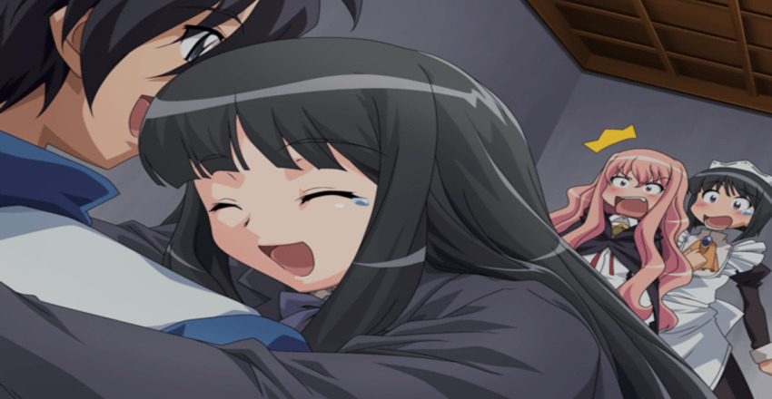 1boy 3girls blush game_cg grey_eyes happy hiraga_saito hug long_hair louise_francoise_le_blanc_de_la_valliere maid multiple_girls open_mouth pink_hair short_hair siesta_(zero_no_tsukaima) smile surprised tears zero_no_tsukaima