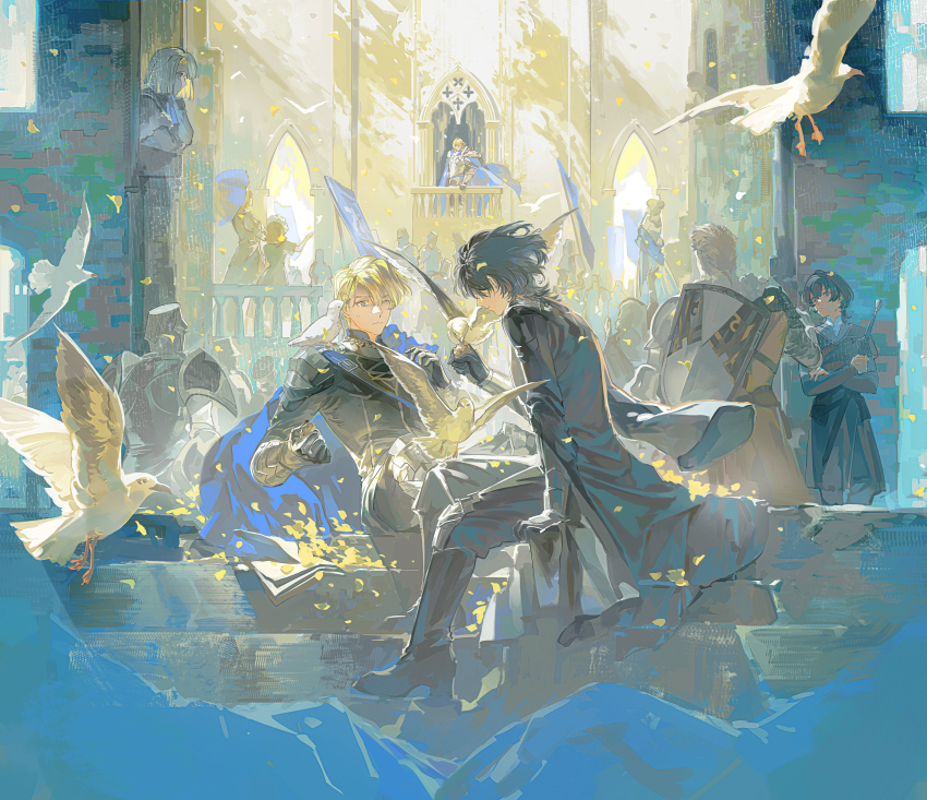 1girl 5boys absurdres animal animal_on_shoulder armor bird bird_on_shoulder black_footwear black_hair blonde_hair blue_cape blue_eyes boots male_byleth_(fire_emblem) cape character_request closed_mouth dimitri_alexandre_blaiddyd fire_emblem fire_emblem:_three_houses full_body gauntlets gongzuotianxiadiyi highres holding holding_weapon jeralt_reus_eisner multiple_boys nintendo on_stairs one_eye_closed pants people short_hair shoulder_armor sitting sitting_on_stairs stairs standing weapon white_bird