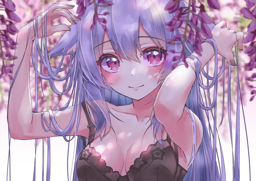 1girl absurdres animal_ear_fluff animal_ears arms_up bare_shoulders black_bra blurry blurry_background blush bra breasts cat_ears cleavage closed_mouth collarbone depth_of_field flower hair_between_eyes hair_flowing_over hair_lift hands_in_hair highres kikyo_(vrchat) long_hair looking_at_viewer medium_breasts miyama_leaves nail_polish purple_eyes purple_flower purple_hair purple_nails smile solo strap_slip underwear underwear_only upper_body very_long_hair vrchat wisteria