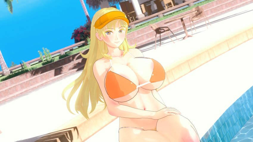 3d absurdres bikini blonde_hair blonde_pubic_hair blush blushing_female breasts cleavage hand_on_own_thigh hat heart-shaped_pubic_hair highres huge_breasts koikatsu koikatsu_(medium) long_hair looking_at_viewer micro_bikini nudist_beach_ni_shuugakuryokou_de!! on_water orange_bikini polpettone_third pool pubic_hair shaped_pubic_hair sitting smile standing sun_hat suomi-sensei swimsuit tagme
