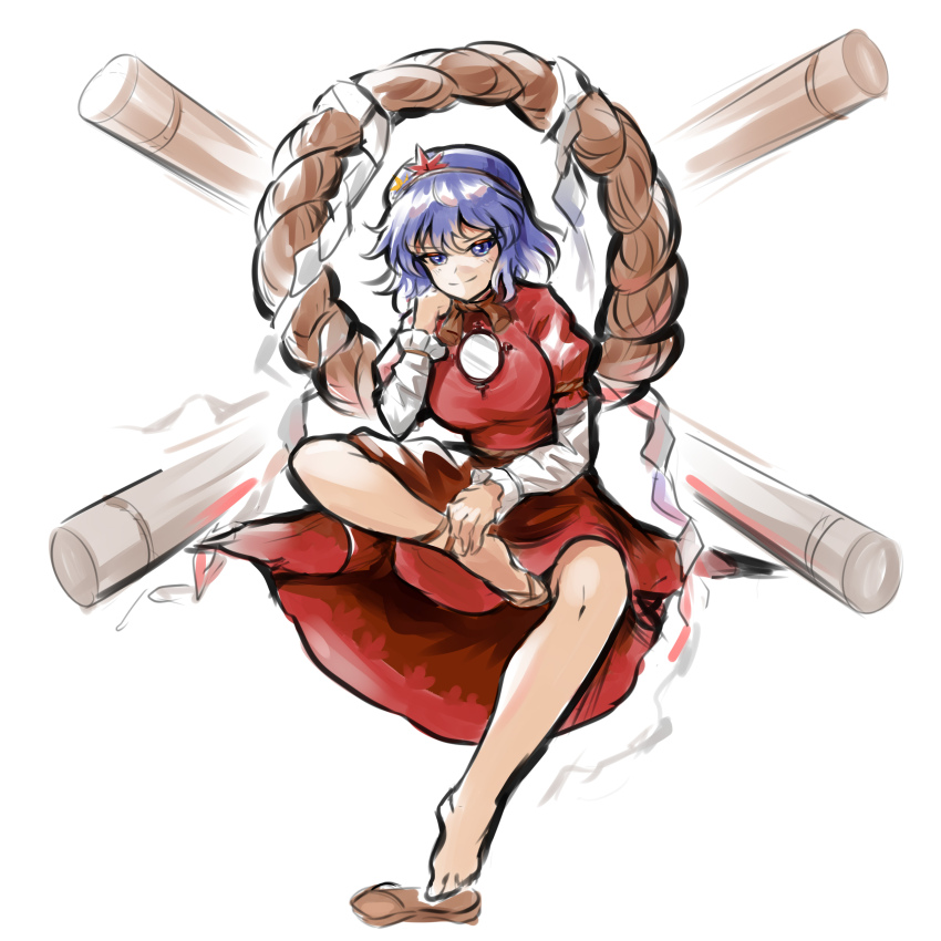 absurdres dress edz_drawz hair_ornament highres layered_sleeves leaf_hair_ornament long_sleeves mirror onbashira purple_hair red_dress red_eyes rope shide shimenawa short_hair short_over_long_sleeves short_sleeves smile touhou yasaka_kanako