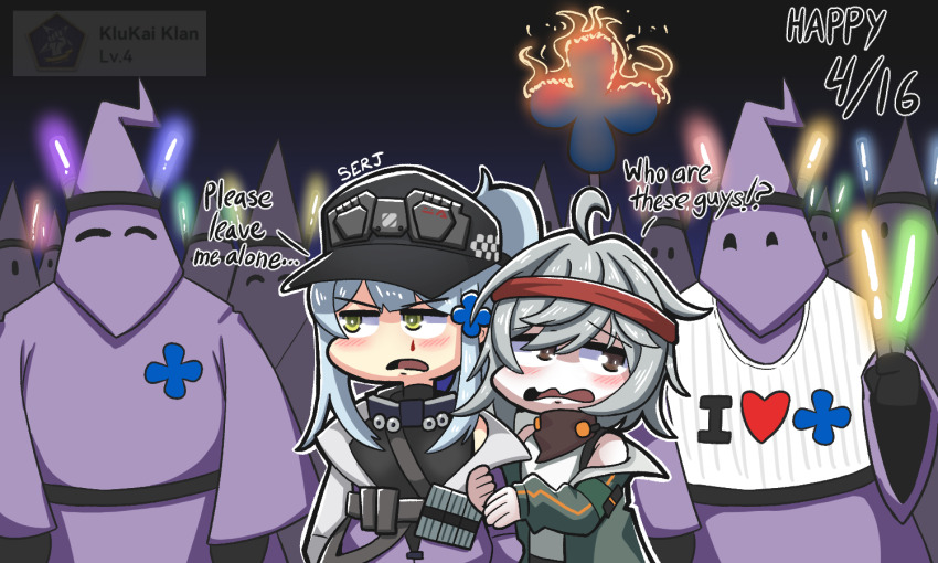 2girls ahoge artist_name baseball_cap black_shirt brown_bandana brown_eyes burning capirote cross dated english_text facial_tattoo g11_(girls&#039;_frontline) girls&#039;_frontline girls&#039;_frontline_2:_exilium glowstick green_eyes green_jacket grey_hair hat headband hk416_(girls&#039;_frontline) holding holding_glowstick jacket klukai_(girls&#039;_frontline_2) ku_klux_klan long_hair mechty_(girls&#039;_frontline_2) medium_hair multiple_girls multiple_others off_shoulder open_clothes open_jacket open_mouth ponytail purple_jacket red_headband serjatronic shirt sleeveless sleeveless_shirt sleeveless_turtleneck tattoo teardrop_tattoo turtleneck upper_body white_shirt
