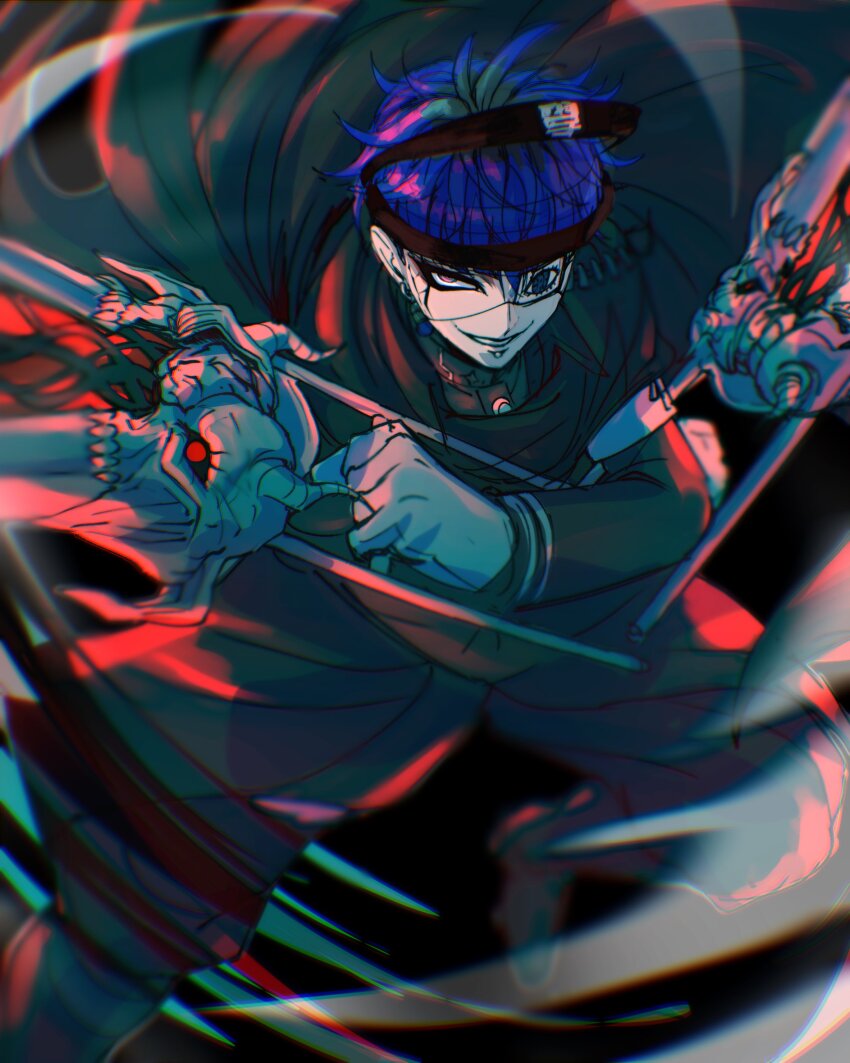 1boy absurdres armband black_background blurry_edges cape chamuchai chin_piercing cracked_skin dual_wielding eye_print eyepatch eyeshadow face_piercing gloves highres holding holding_weapon last_defense_academy_school_uniform makeup male_focus motion_lines omokage_yugamu piercing print_eyepatch school_uniform short_hair solo the_hundred_line_-last_defense_academy- weapon white_armband white_gloves