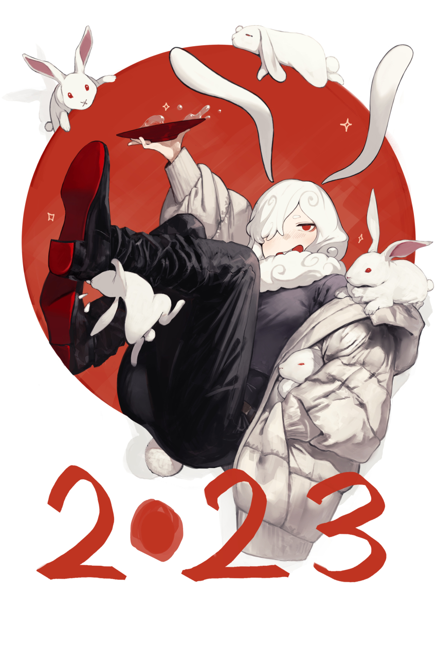 1girl 2023 absurdres alcohol animal animal_ears animal_on_shoulder arm_up chinese_zodiac cup dated full_body hair_over_one_eye hand_in_pocket highres holding holding_cup jacket looking_at_viewer neck_fur new_year original peperon_(peperou) rabbit rabbit_ears rabbit_girl rabbit_tail red_background red_eyes sakazuki sake short_hair solo tail white_hair white_jacket year_of_the_rabbit