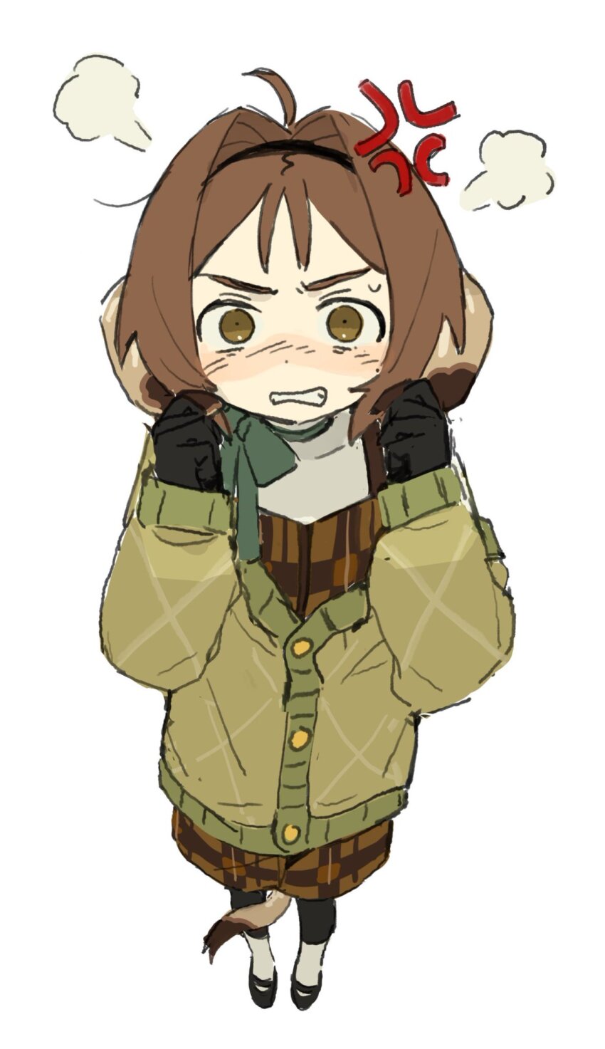 1girl anger_vein angry animal_ears blush bow brown_hair chinchilla_ears chinchilla_girl clenched_hand clenched_teeth gloves highres huffing long_sleeves looking_at_viewer mole mole_on_cheek mota_(motaberrie) motaberrie_(vtuber) scowl shirt simple_background solo standing tail teeth virtual_youtuber white_background
