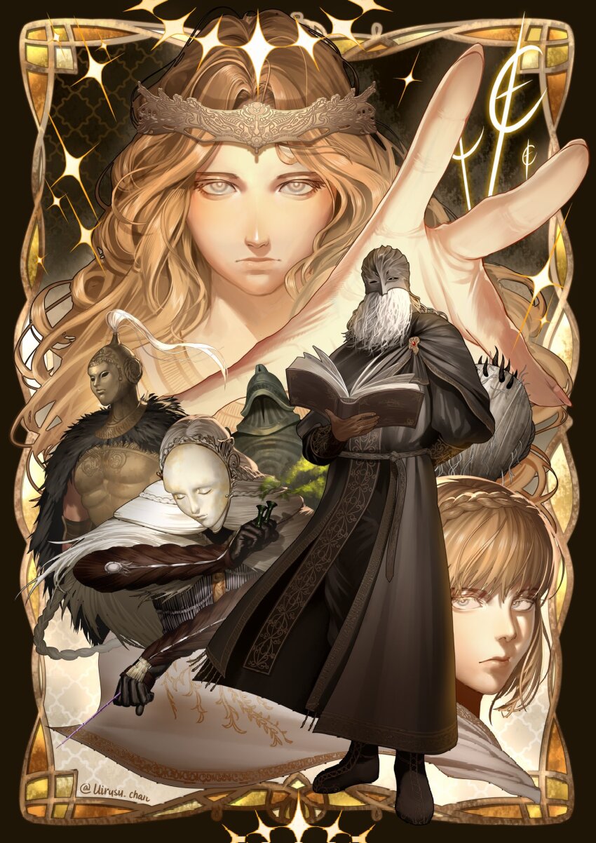 2girls 5boys arm_behind_back armor beard black_cloak black_footwear black_pants black_robe blonde_hair book bracer breastplate cloak closed_mouth commentary covered_face crown elden_ring elden_ring:_shadow_of_the_erdtree english_commentary facial_hair full_body grey_eyes hand_up hanny_(uirusu_chan) helmet highres holding holding_book holding_weapon hood hood_up horns hornsent_(elden_ring) long_hair long_sleeves looking_at_viewer mask miquella_(elden_ring) moore_(elden_ring) multiple_boys multiple_girls needle_knight_leda open_hand pants redmane_freyja robe shoes short_hair sir_ansbach standing thiollier_(elden_ring) twitter_username weapon white_cloak white_hair white_hood