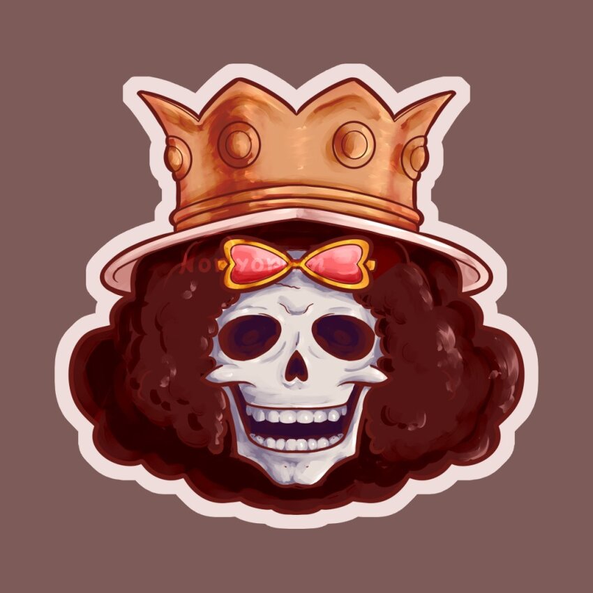 1boy afro artist_name black_hair brook_(one_piece) commentary commentary_request crown_hat english_commentary eyewear_on_head hat heart heart-shaped_eyewear looking_at_viewer male_focus mixed-language_commentary noriyorinn one_piece open_mouth pink-tinted_eyewear portuguese_commentary simple_background skeleton solo sunglasses teeth tinted_eyewear yellow-framed_eyewear