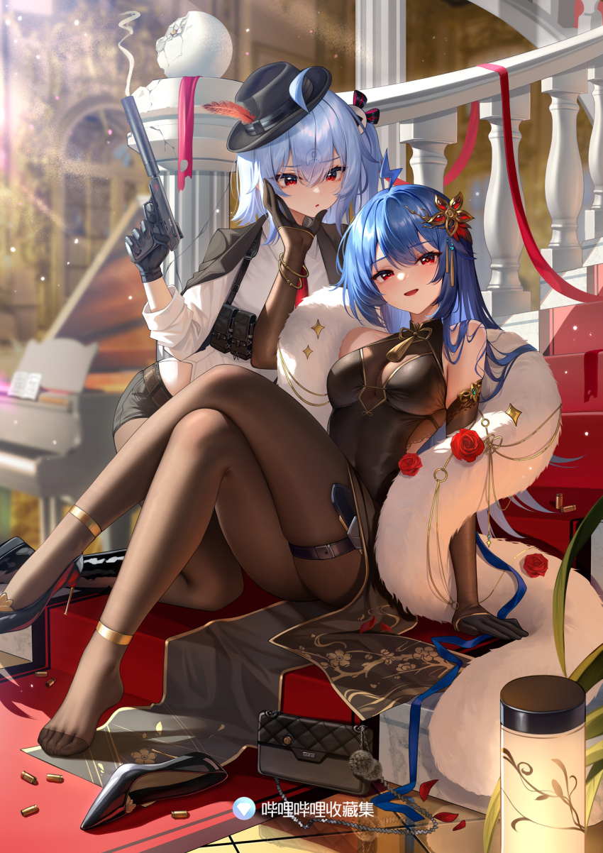 ahoge arm_support bare_shoulders bili_girl_22 bili_girl_33 bilibili black_dress black_gloves blue_hair breasts cleavage crossed_legs dress elbow_gloves feather_boa feet flower gloves gun hair_ornament handgun hat high_heels highres holding holding_gun holding_weapon lantern long_hair looking_at_viewer medium_breasts meion open_mouth pantyhose patent_heels pumps red_eyes red_flower shirt shoes sitting sleeveless sleeveless_dress smile smoke smoking_barrel stairs stiletto_heels thigh_strap thighs toes unworn_shoes weapon white_shirt