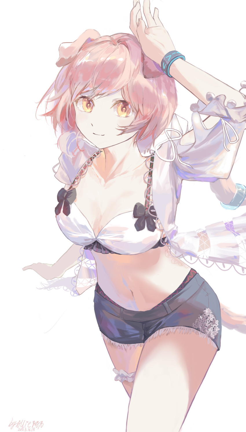 1girl absurdres allieali animal_ears arknights bikini blue_shorts breasts cat_ears cat_girl cat_tail cleavage cowboy_shot floppy_ears goldenglow_(arknights) goldenglow_(summer_flowers)_(arknights) hand_up highres infection_monitor_(arknights) looking_at_viewer medium_breasts official_alternate_costume pink_hair short_hair short_shorts shorts simple_background smile solo swimsuit tail white_background white_bikini yellow_eyes