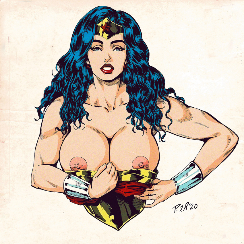 amazon amazon_warrior armor black_hair breastplate breasts breasts_out dc_comics exposed_breats highres nipples removing_bra wonder_woman wonder_woman_(series)