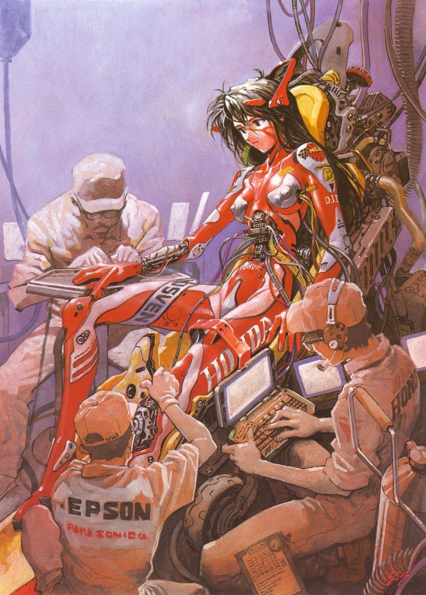 1girl 3boys android baseball_cap black_eyes black_hair bodysuit breasts cable character_request clothes_writing computer cyborg english_text epson expressionless facepaint facial_hair glasses hat headset highres honda laptop large_breasts long_hair looking_afar machinery mechabare mechanic multiple_boys mustache panasonic_corporation parody race_vehicle racing_suit red_bodysuit robot sadamoto_yoshiyuki science_fiction source_request suzuka_hachitai_2050 wheel