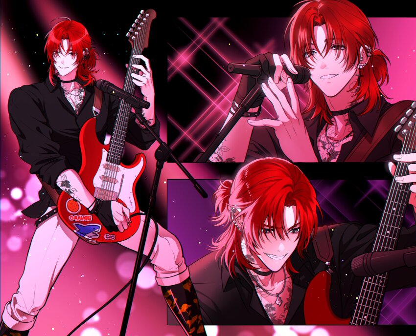 1boy absurdres arm_tattoo black_shirt choker chromatic_aberration commentary_request cross cross_earrings ear_piercing earrings electric_guitar eoduun_badaui_deungbul-i_doeeo guitar highres holding holding_instrument instrument jewelry kim_jaehee korean_commentary long_hair male_focus microphone microphone_stand multiple_views music neck_tattoo necklace padakpadak_88 pants parted_lips piercing playing_instrument ponytail prosthesis prosthetic_fingers prosthetic_leg red_hair shirt smile standing sticker tattoo white_pants