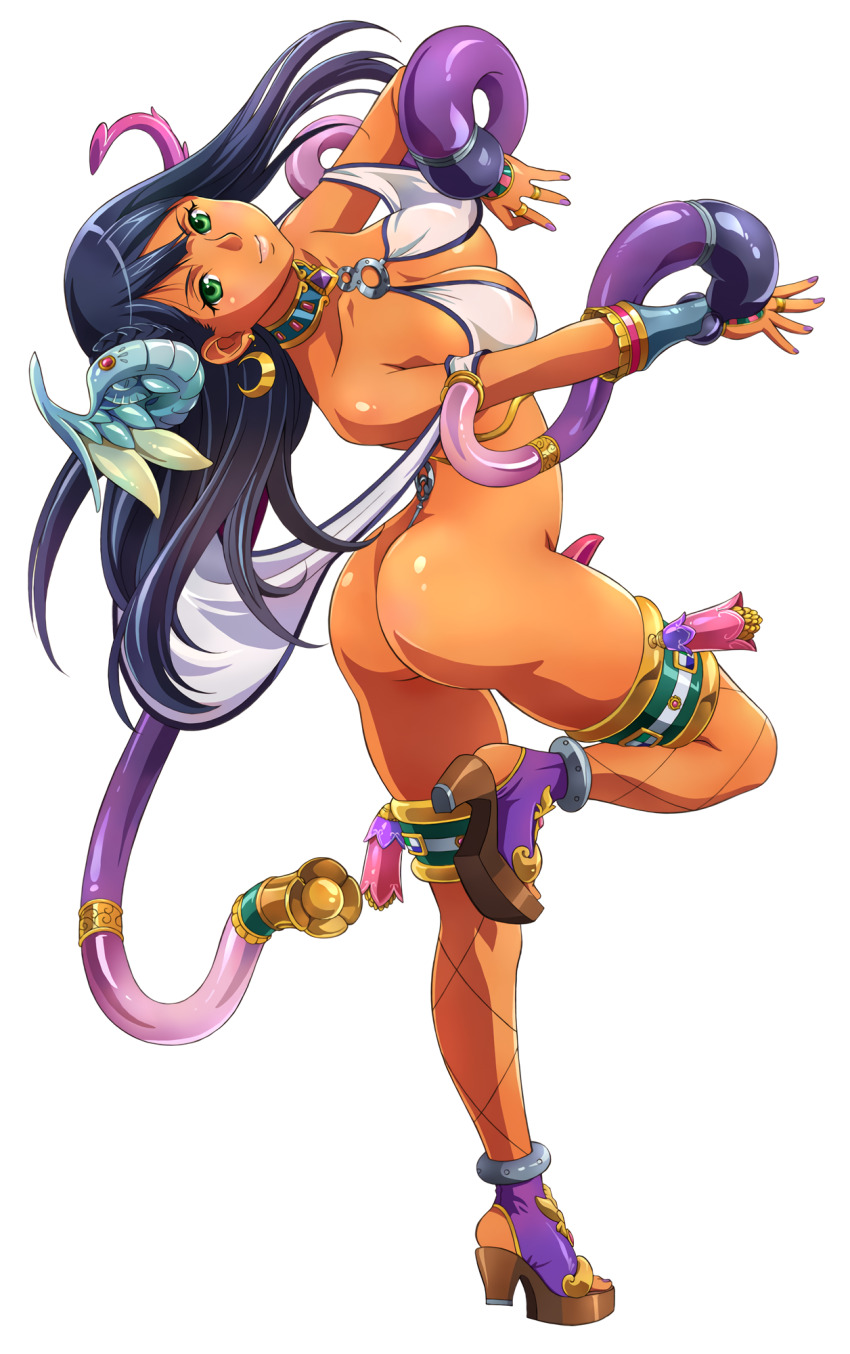 10s 1girl ass bare_shoulders black_hair blush bracelet breasts butt_crack choker cleavage closed_mouth codpiece collarbone crescent crescent_earrings dark-skinned_female dark_skin earrings f.s. fishnet_thighhighs fishnets from_side full_body green_eyes headgear high_heels highres jewelry large_breasts long_hair looking_at_viewer looking_to_the_side luna_luna_(queen&#039;s_blade) nail_polish official_art purple_nails queen&#039;s_blade queen&#039;s_blade_rebellion revealing_clothes simple_background smile solo tachi-e tentacles thighhighs white_background