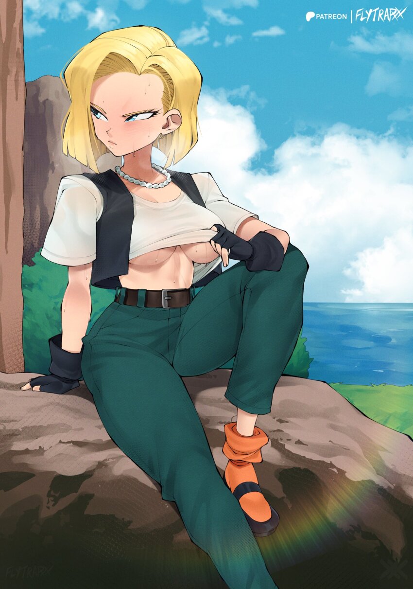 1girl android_18 artist_name belt blonde_hair blue_eyes blue_sky breasts cloud cloudy_sky commentary denim_vest dragon_ball dragonball_z earrings english_commentary fingerless_gloves flytrapxx frown gloves highres horizon hot jewelry knee_up lens_flare medium_breasts midriff necklace orange_socks outdoors pants patreon_username rainbow shirt_tug short_hair sitting sky socks solo sweat underboob water