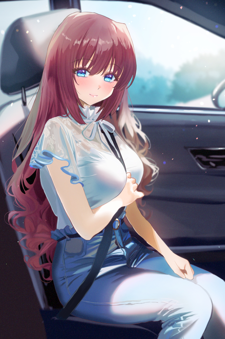 1girl a-chan_(little_busters!) absurdres alternate_costume arm_under_breasts between_breasts blue_eyes blurry blush breasts brown_hair car_interior casual closed_mouth commentary_request day denim depth_of_field eyelashes eyes_visible_through_hair feet_out_of_frame floral_print floral_print_shirt hair_between_eyes happy highres jeans large_breasts lips little_busters! long_hair looking_at_viewer miiizuno_lbs neck_ribbon pants print_shirt ribbon seatbelt seatbelt_between_breasts shirt short_sleeves sidelocks sitting smile solo split_mouth strap_between_breasts very_long_hair wavy_hair white_ribbon white_shirt