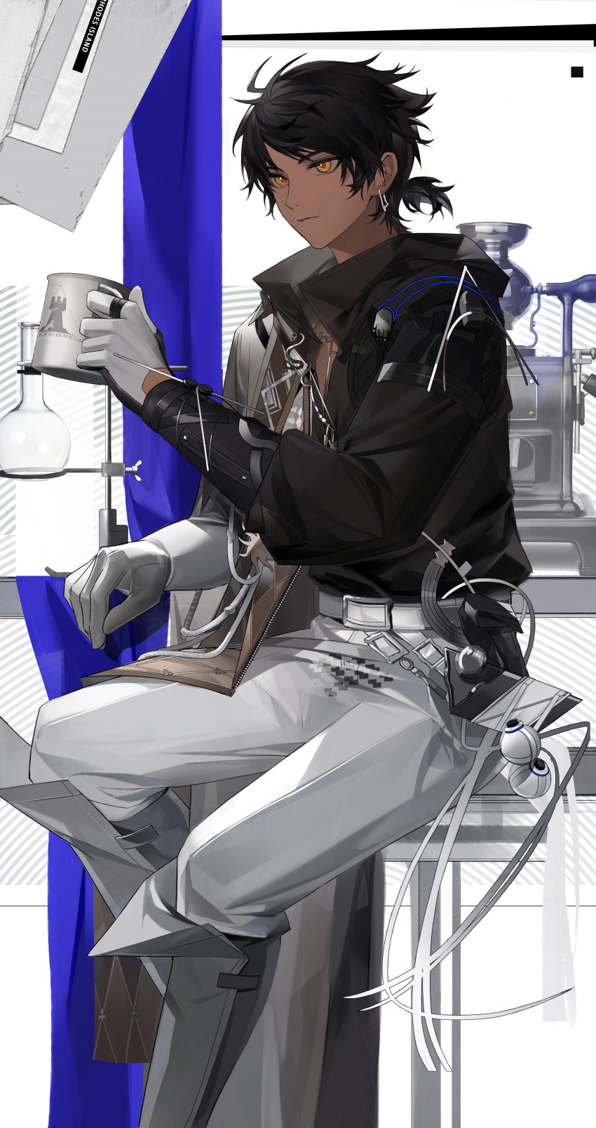 1boy absurdres arknights black_hair black_shirt chinese_commentary closed_mouth coffee_mug commentary_request cup dark-skinned_male dark_skin earrings gloves heisedejin highres holding jewelry long_sleeves male_focus mug pants rhodes_island_logo_(arknights) shirt short_hair sitting solo thorns_(arknights) white_gloves white_pants yellow_eyes