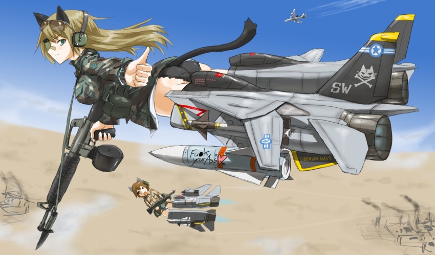 2girls aircraft airplane animal_ears ass assault_rifle bad_id bad_pixiv_id bandaid bayonet bottomless brown_hair camouflage cat_ears cat_tail contrail dakku_(ogitsune) day desert desert_camouflage drum_magazine english_text f-14 fighter_jet green_eyes gulf_war gun headphones heart long_hair m16 m16a2 m60_(machine_gun) machine_gun magazine_(weapon) mecha_musume military military_vehicle missile multiple_girls patricia_mitchell profanity rifle skull_and_crossbones strike_witches strike_witches_1991 striker_unit tail thumbs_up weapon world_witches_series