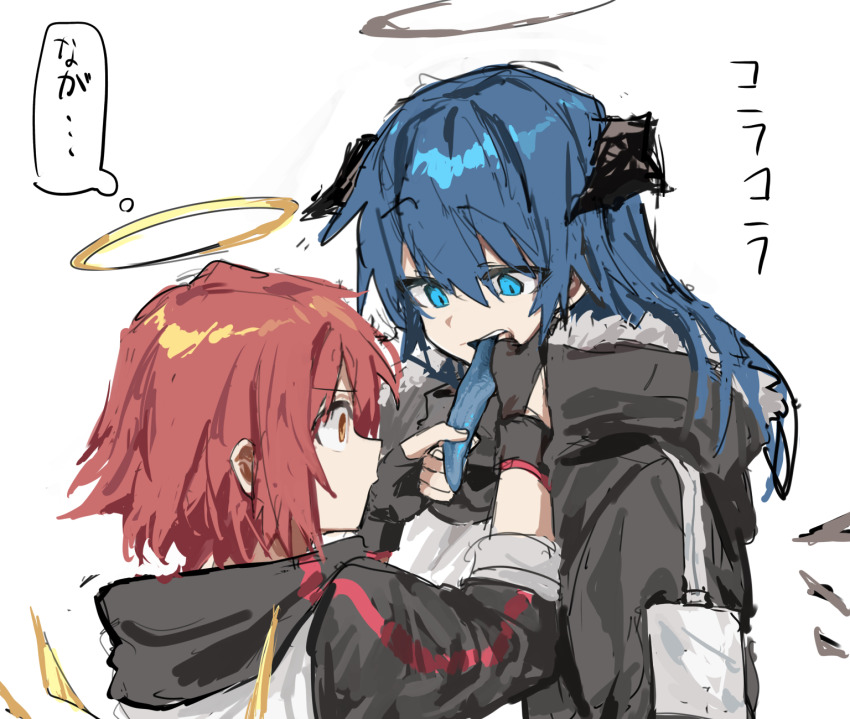 2girls arknights black_coat black_gloves black_jacket blue_eyes blue_hair blue_tongue coat colored_tongue demon_girl demon_horns energy_wings exusiai_(arknights) finger_in_another&#039;s_mouth fingerless_gloves fur-trimmed_hood fur_trim gloves halo hands_up highres hood hood_down hooded_coat horns jacket long_hair long_tongue looking_at_another mostima_(arknights) multiple_girls mutomorokoshi red_eyes red_hair short_hair simple_background tongue tongue_grab translation_request upper_body very_long_tongue white_background wide-eyed