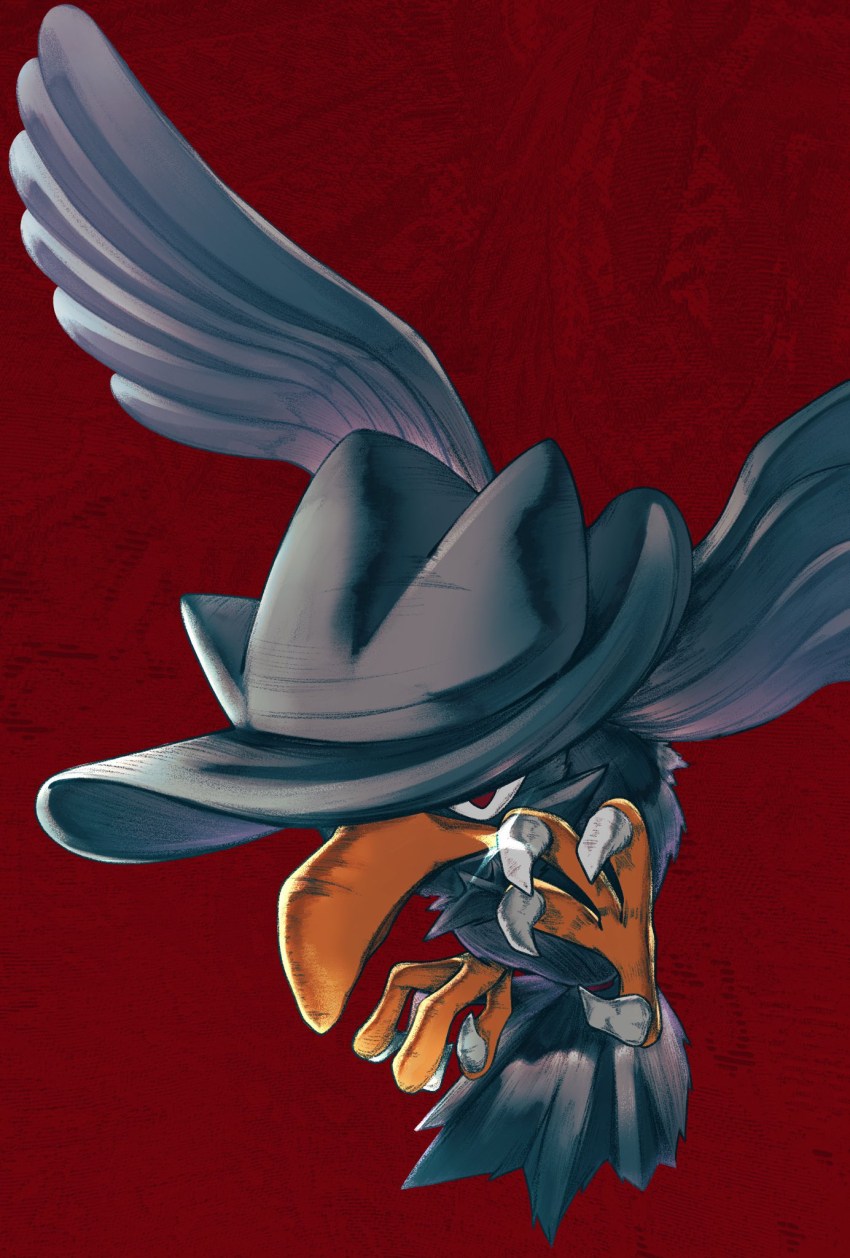 bird closed_mouth commentary_request gen_2_pokemon glint highres lila_0219 murkrow nintendo no_humans pokemon pokemon_(creature) pokemon_focus red_background red_eyes solo talons