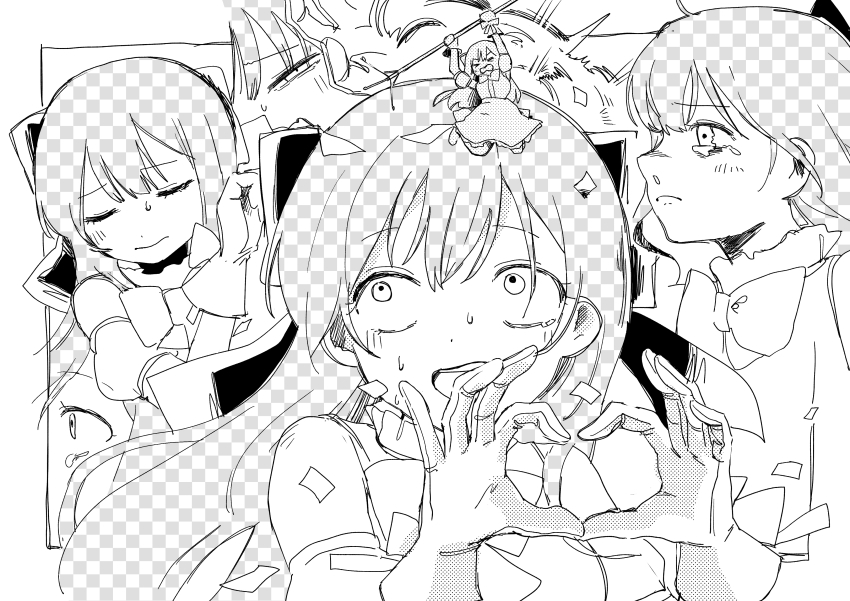 &gt;_&lt; 1girl absurdres averting_eyes bow bowtie closed_mouth collage commentary_request constricted_pupils crying crying_with_eyes_open detached_sleeves dress explosion fake_transparency floating_hair forced_smile frown gloom_(expression) gloves greyscale heart heart_hands highres iyowa_girls jumping long_hair looking_to_the_side monochrome multiple_views open_mouth outside_border patterned_hair puffy_short_sleeves puffy_sleeves sad short_sleeves sleeveless sleeveless_dress snot squinting supercurry tears wasure_mono_(vocaloid)