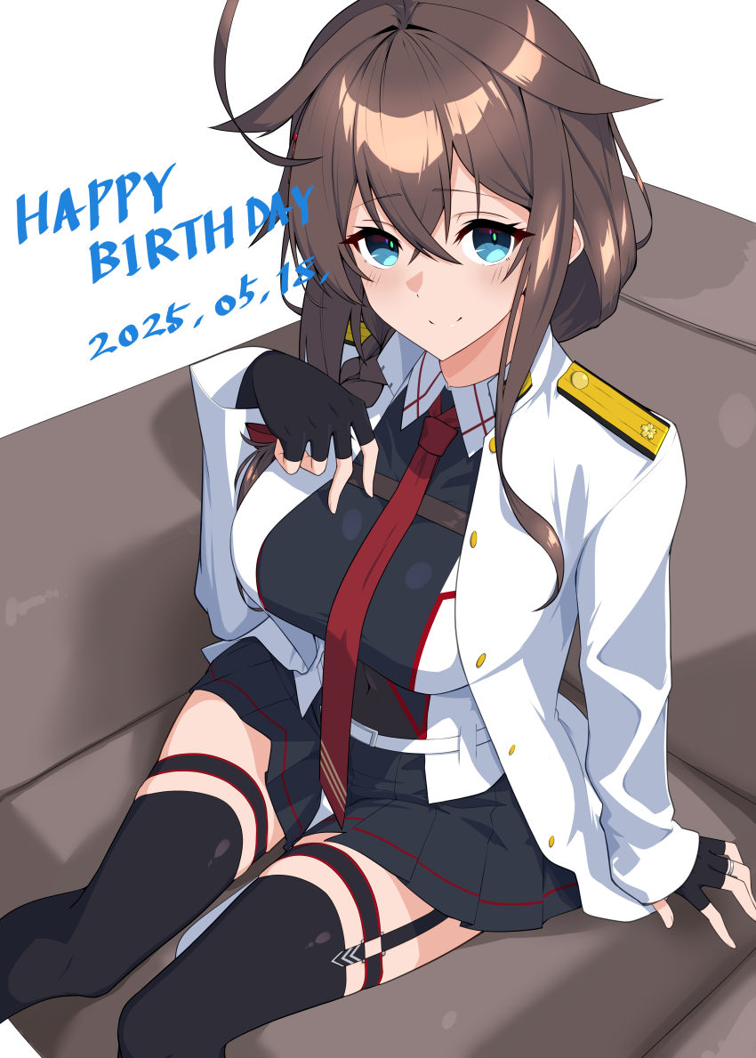 1girl absurdres arm_behind_back black_gloves black_skirt black_thighhighs blue_eyes blush breasts brown_hair commentary_request covered_navel fingerless_gloves from_above garter_straps gloves hair_between_eyes hand_on_own_chest hand_up happy_birthday highres jacket jewelry kantai_collection large_breasts long_hair looking_at_viewer looking_up medium_breasts military_jacket miniskirt o-ring o-ring_thigh_strap open_clothes open_jacket pleated_skirt ring shiba_(zudha) shigure_(kancolle) shigure_kai_san_(kancolle) shirt sitting skin_tight skindentation skirt smile solo thigh_strap thighhighs thighs wedding_ring white_jacket