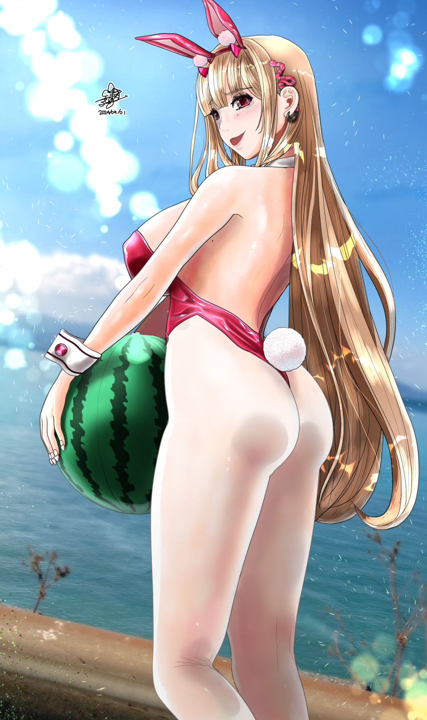 1girl absurdres alternate_costume animal_ears artist_request ass bare_shoulders blonde_hair blush breasts fake_animal_ears fake_tail food from_behind fruit goddess_of_victory:_nikke highres large_breasts leotard long_hair looking_at_viewer official_alternate_costume open_mouth pantyhose playboy_bunny rabbit_ears rabbit_tail red_eyes sideboob smile solo tail thong_leotard very_long_hair viper_(nikke) viper_(toxic_rabbit)_(nikke) water watermelon