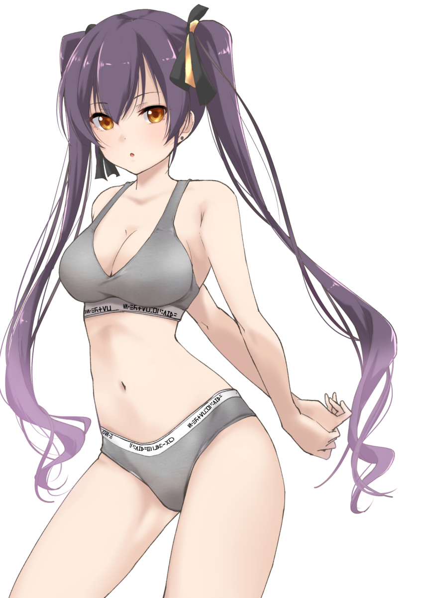 1girl armpit_crease arms_behind_back assault_lily bare_arms bare_shoulders black_ribbon blush breasts cleavage commentary_request cowboy_shot earrings grey_panties grey_sports_bra hair_between_eyes hair_ribbon highres hishida_haru jewelry long_hair looking_ahead medium_breasts navel own_hands_together panties parted_lips purple_hair ribbon simple_background solo sports_bra standing stomach stud_earrings twintails underwear underwear_only urutsu_sahari very_long_hair white_background yellow_eyes yellow_ribbon
