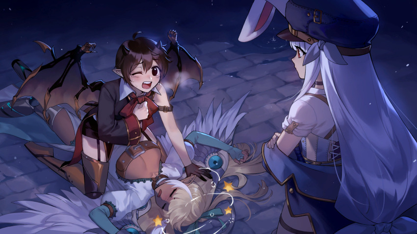 1boy 2girls angel_wings animal_ears artist_request black_eyes black_hair blonde_hair breasts celia_(tevi) check_artist closed_eyes dark-skinned_female dark_skin demon_boy demon_horns demon_wings ein_lee feathered_wings game_cg highres horns large_breasts long_hair multiple_girls non-web_source on_ground one_eye_closed open_mouth rabbit_ears rabbit_girl sable_(tevi) teeth tevi tevi_(character) upper_teeth_only white_hair wings