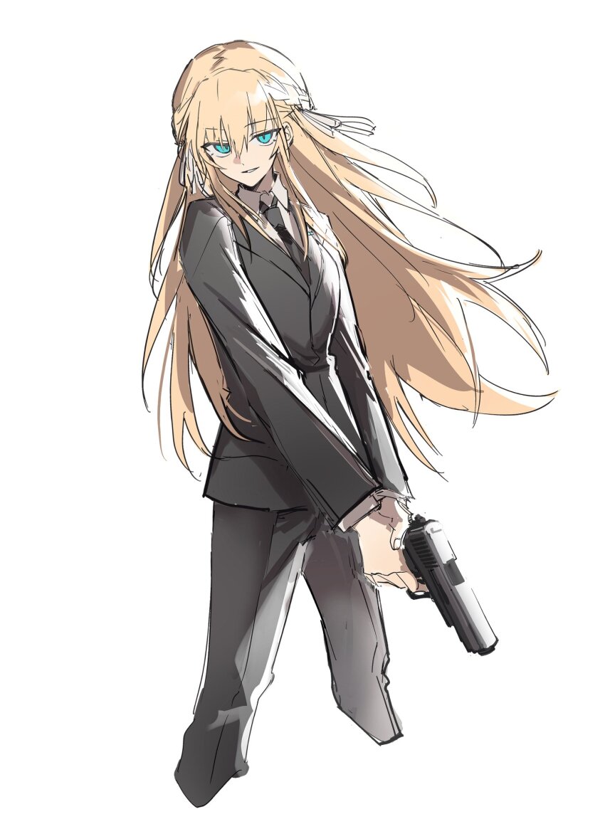 1girl black_jacket black_necktie black_pants blazer blonde_hair braid cropped_legs green_eyes gun half_up_braid handgun heaven_burns_red highres holding holding_gun holding_weapon jacket long_hair necktie pants ribbon solo toujou_tsukasa weapon white_background white_ribbon wuubaiwan