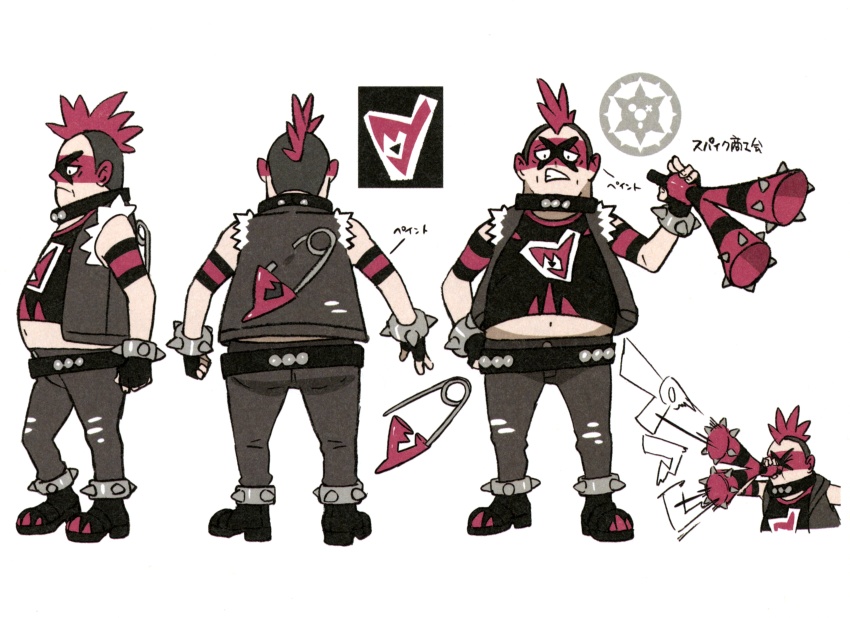 1boy absurdres black_footwear boots collar concept_art facepaint fat fat_man grey_hair grey_pants hand_on_own_hip hand_up highres holding horn_(instrument) jacket looking_at_viewer male_focus mohawk multicolored_hair multiple_views navel nintendo official_art open_mouth pants pink_hair pokemon pokemon_swsh reference_sheet scan team_yell team_yell_grunt team_yell_grunt_(male) teeth translation_request two-tone_hair vuvuzela