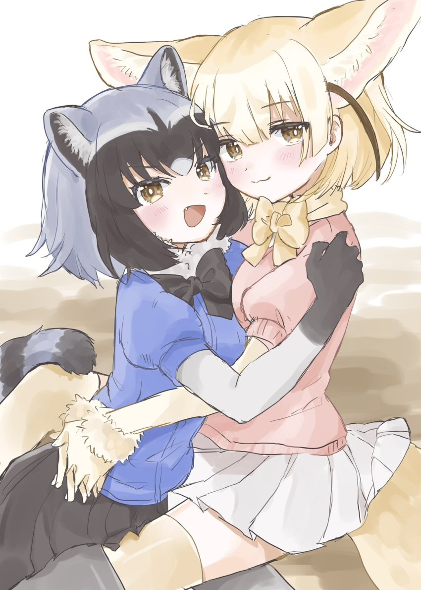 2girls animal_ears black_bow black_bowtie black_gloves black_hair black_skirt blonde_hair blue_sweater blush bow bowtie commentary_request common_raccoon_(kemono_friends) extra_ears fang fennec_(kemono_friends) fox_ears fox_girl fox_tail fur_collar fur_trim gloves grey_gloves grey_hair grey_legwear highres hug kemono_friends looking_at_viewer megumi_222 multicolored_gloves multicolored_hair multiple_girls open_mouth pantyhose pink_sweater pleated_skirt puffy_short_sleeves puffy_sleeves raccoon_ears raccoon_girl raccoon_tail short_hair short_sleeves sitting sitting_on_lap sitting_on_person skirt split_mouth sweater tail thighhighs white_fur white_hair white_skirt yellow_bow yellow_bowtie yellow_eyes yellow_gloves yellow_legwear zettai_ryouiki