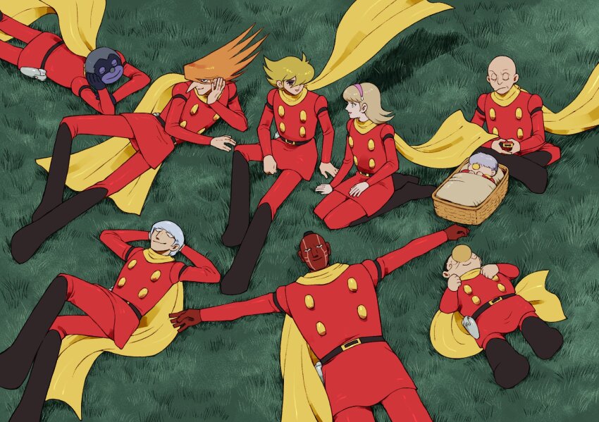 1girl albert_heinrich black_boots blonde_hair boots chang_changku coat cyborg cyborg_009 francoise_arnoul geronimo_jr grasslands great_britain_(cyborg_009) hairband highres ivan_whisky jet_link long_hair pink_hairband pyunma r_hy00 red_coat scarf shimamura_joe yellow_scarf