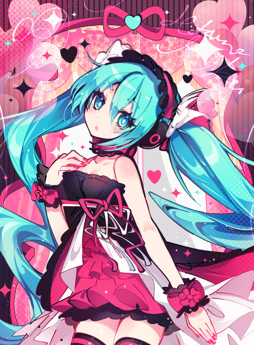 1girl 7th_dragon_(series) 7th_dragon_2020 7th_dragon_2020-ii :o anzu_(anzuhan) bare_shoulders black_dress blue_eyes blue_hair bright_pupils cowboy_shot dress hair_between_eyes hatsune_miku headphones highres long_hair looking_at_viewer pink_nails pink_theme sleeveless solo thighhighs twintails very_long_hair vocaloid white_pupils