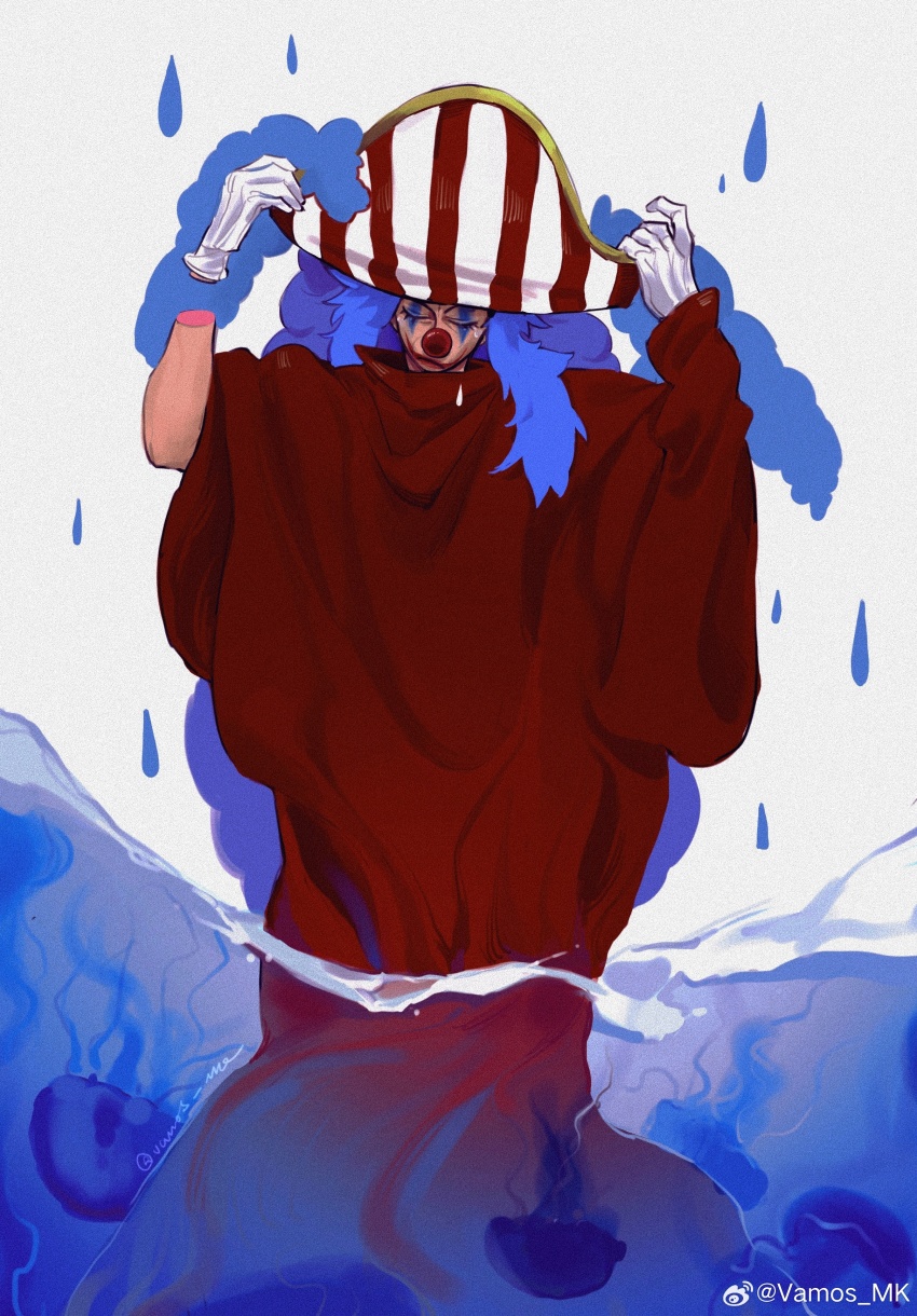 1boy absurdres blue_hair buggy_the_clown closed_eyes clown_nose facing_viewer gloves hat highres jellyfish long_hair male_focus one_piece pirate_hat red_robe robe simple_background solo striped_hat vamos_mk wading water_drop white_gloves wide_sleeves