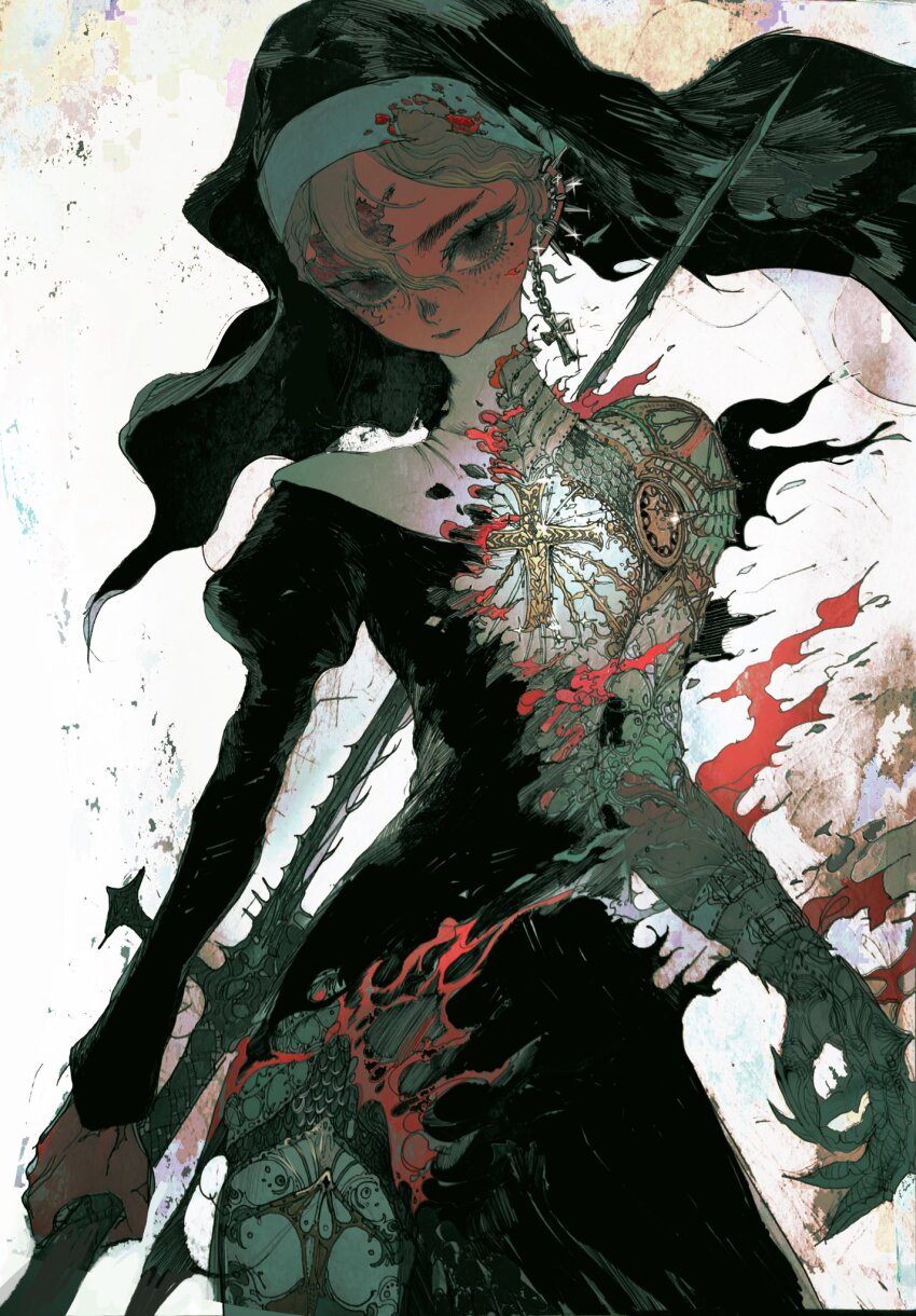 1girl blood blood_on_face brown_hair burning_clothes closed_mouth commentary_request ear_piercing fire habit highres holding holding_sword holding_weapon juliet_sleeves long_sleeves looking_at_viewer mon_(monmon2133) nun original piercing puffy_sleeves scar scar_on_face solo sword weapon white_background