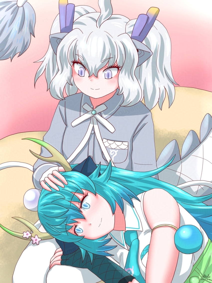 2girls animal_ears armband bare_shoulders blue_dragon_(kemono_friends) blue_eyes blue_gloves blue_hair blue_necktie blush bow bowtie collared_shirt dragon_ears dragon_girl dragon_horns dragon_tail fingerless_gloves fishnet_gloves fishnets frilled_gloves frills gloves grey_shirt hair_between_eyes highres horns japari_symbol kemono_friends lap_pillow long_hair long_sleeves mukouyama_mu multiple_girls necktie purple_eyes shirt short_hair short_twintails sidelocks sleeveless slit_pupils smile tail thighhighs twintails white_bow white_bowtie white_dragon_(kemono_friends) white_gloves white_hair white_shirt white_thighhighs