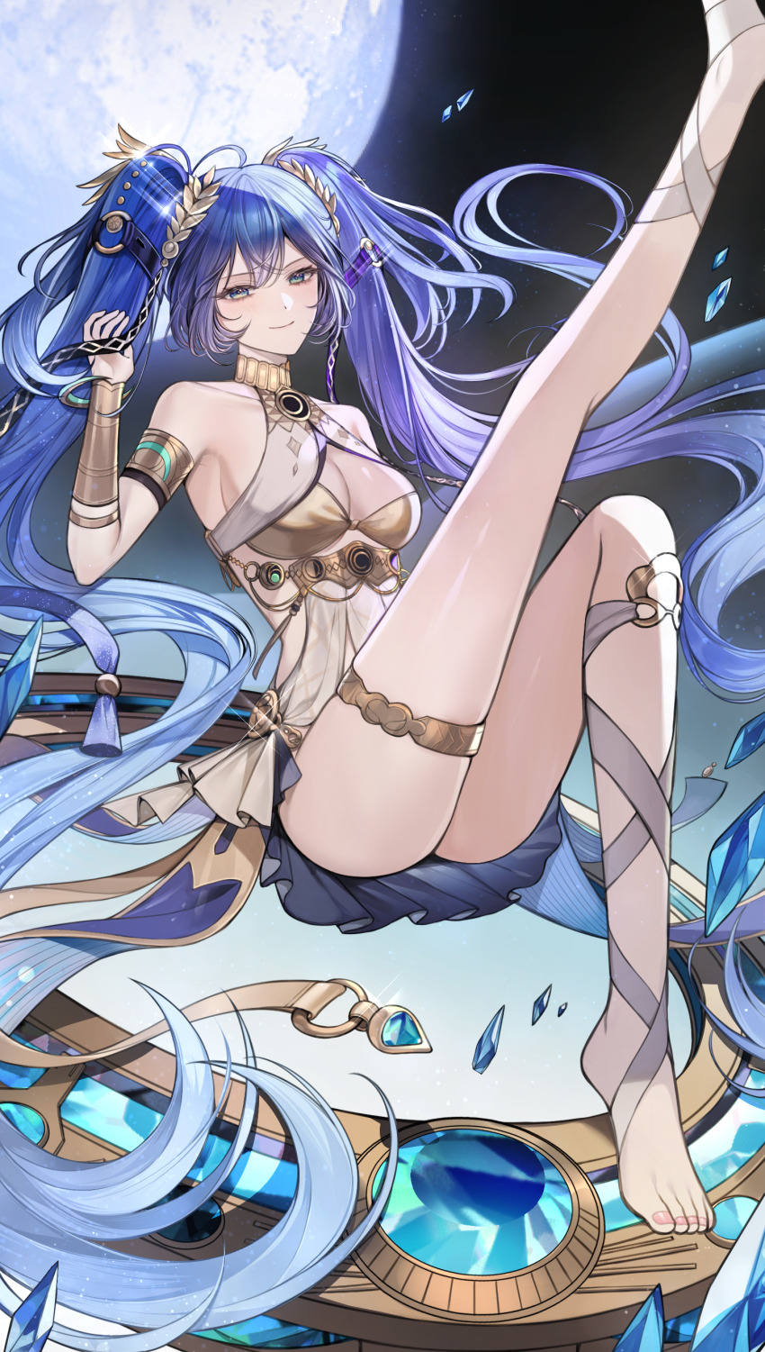 1girl absurdres ahoge ancient_greek_clothes armlet bare_shoulders blue_eyes blue_hair breasts cleavage closed_mouth commentary daengdaeng feet full_moon gold_bra greco-roman_clothes hand_up highres iuno_(wuthering_waves) jewelry leg_up legs long_hair looking_at_viewer medium_breasts moon smile solo thighlet thighs toes twintails vambraces very_long_hair wuthering_waves