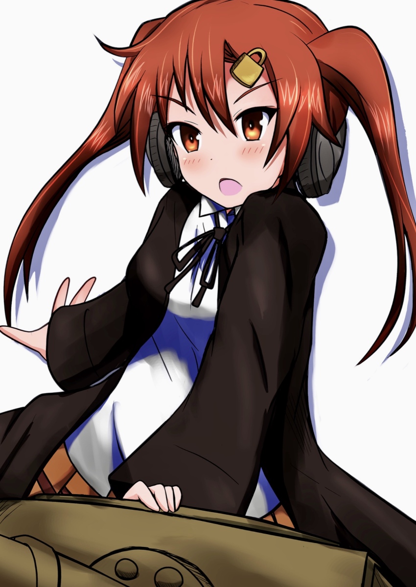 bellwall_school_uniform black_jacket black_ribbon blush breasts collared_shirt frown girls_und_panzer girls_und_panzer_little_army hair_ornament hairpin highres jacket lock long_hair meiya military_vehicle motor_vehicle nakasuga_emi orange_eyes orange_hair red_hair ribbon school_uniform shirt tank twintails white_shirt