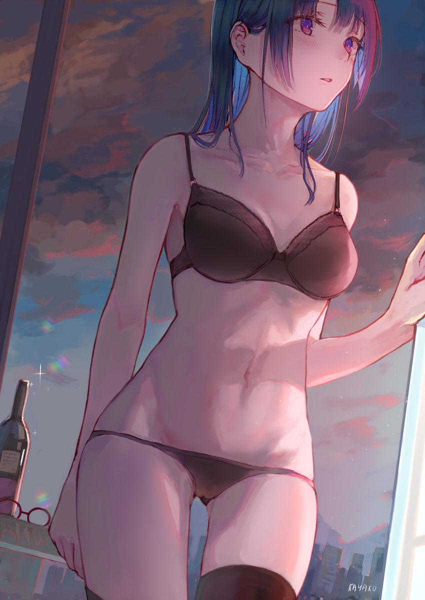 1girl absurdres alcohol artist_name asymmetrical_legwear bare_arms bare_shoulders black_bra black_panties black_thighhighs blue_hair blush bottle bra breasts building cameltoe city cloud collarbone cowboy_shot evening female_focus glasses hand_up highres kayakooooo long_hair md5_mismatch navel original panties parted_lips pink_eyes red-framed_eyewear resolution_mismatch round_eyewear sidelocks sky small_breasts solo source_larger standing stomach thighhighs underwear underwear_only uneven_legwear