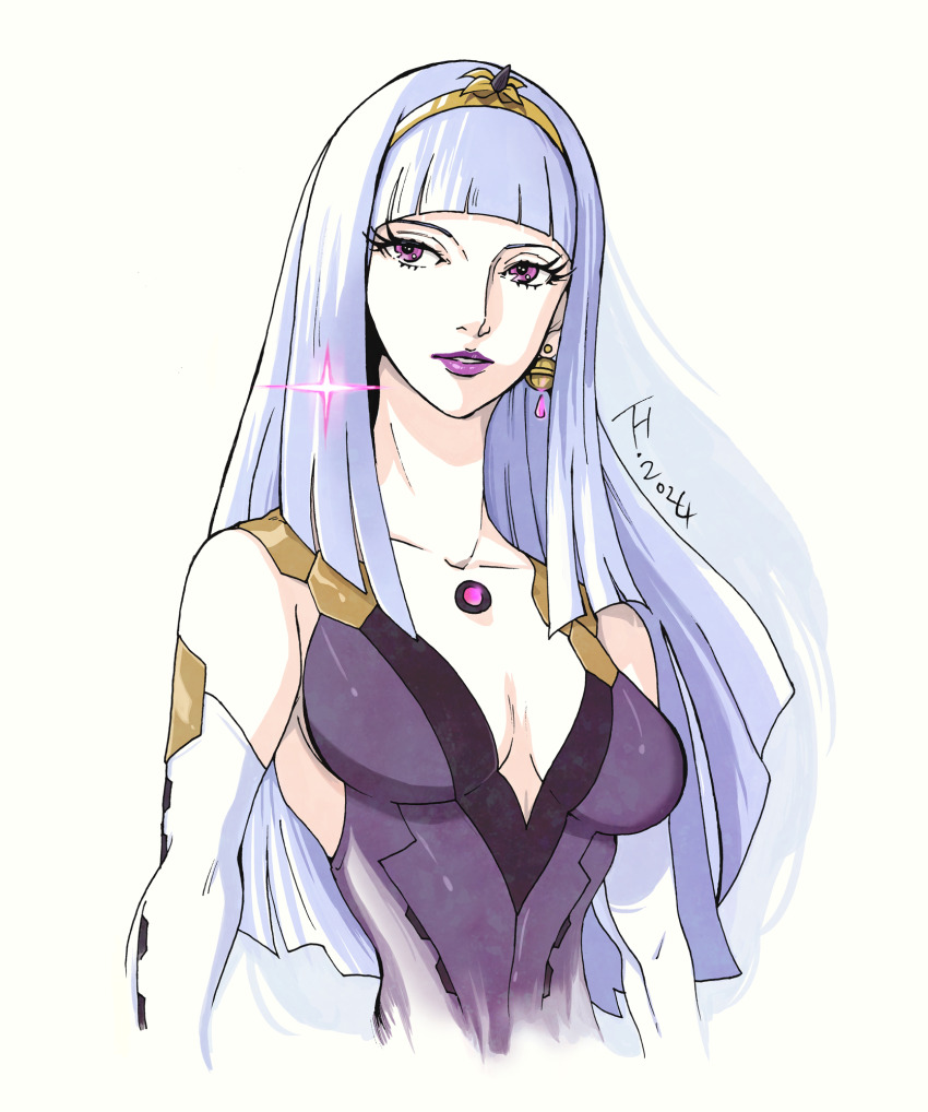 1girl breasts character_request cleavage collarbone dress earrings elbow_gloves gloves grey_hair highres jewelry kujira_gunsou long_eyelashes long_hair looking_to_the_side medium_breasts parted_lips purple_dress purple_eyes purple_lips simple_background solo uchuu_senkan_yamato uchuu_senkan_yamato_rebel3199 upper_body white_background white_gloves