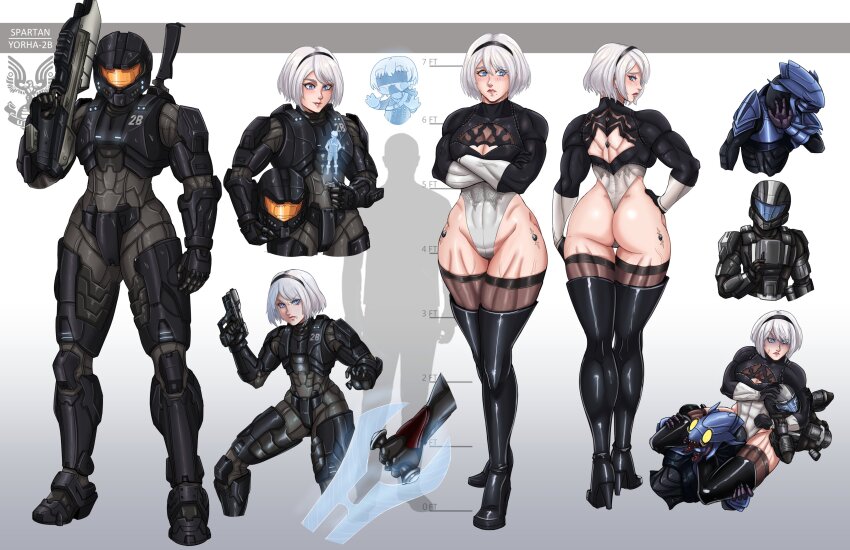 1boy 1girl 2b_(nier:automata) 9s_(nier:automata) abs absurdres armor asphyxiation ass assault_rifle back black_boots black_thighhighs blue_eyes blush boots charleian drakeposting_(meme) energy_sword gun halo_(game) height_chart helmet highres holding holding_gun holding_helmet holding_sword holding_weapon hologram leg_lock leotard meme mole mole_under_mouth muscular muscular_female nier:automata nier_(series) odst power_armor rifle sangheili spartan_(halo) strangling sword tall_female thick_thighs thigh_boots thighhighs thighhighs_under_boots thighs unworn_headwear unworn_helmet weapon white_hair wide_hips