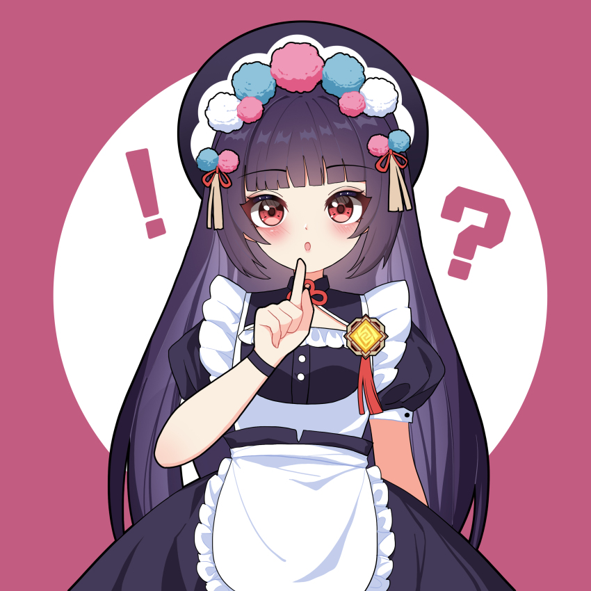 !? 1girl :o absurdres alternate_costume apron arm_at_side black_bonnet black_dress black_hair blunt_bangs bonnet dress enmaided ff2074 frills genshin_impact highres light_blush long_hair maid maid_apron open_mouth pink_background pointing pointing_at_self pom_pom_(clothes) puffy_short_sleeves puffy_sleeves red_eyes short_sleeves simple_background tassel upper_body vision_(genshin_impact) yun_jin_(genshin_impact)